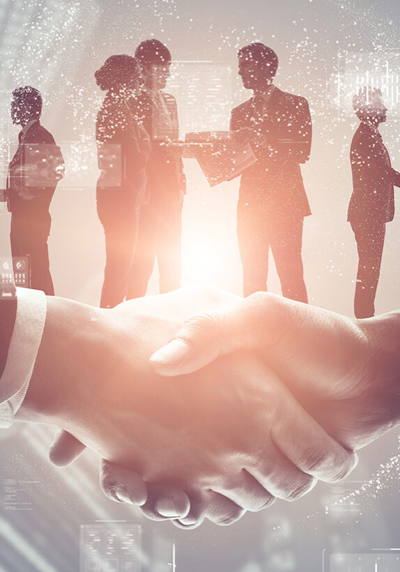 Business handshake with digital overlay.